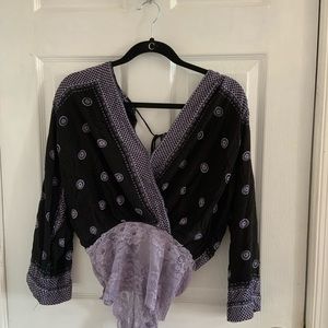 Open back black and purple paisley bodysuit